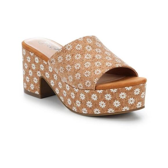 Y-Not? Suki Daisy Cork Platform Block Heel Slide Textile Upper Sandals Size 6M - Picture 1 of 15